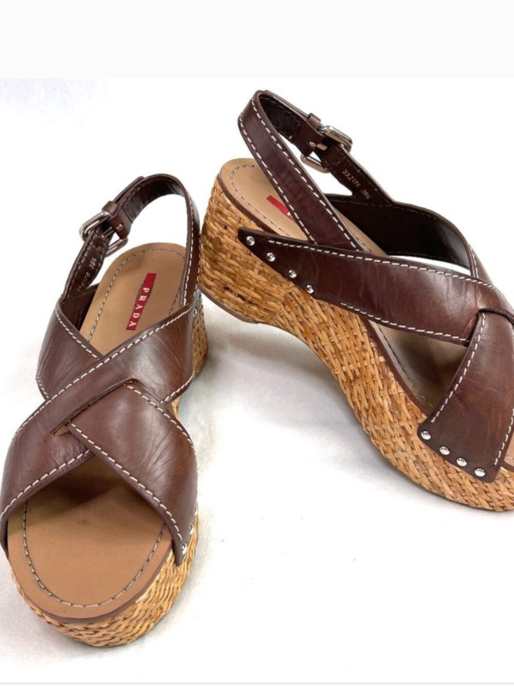 Auth Prada Leather Wicker Wedge Sandals size 39,5. - Picture 2 of 10